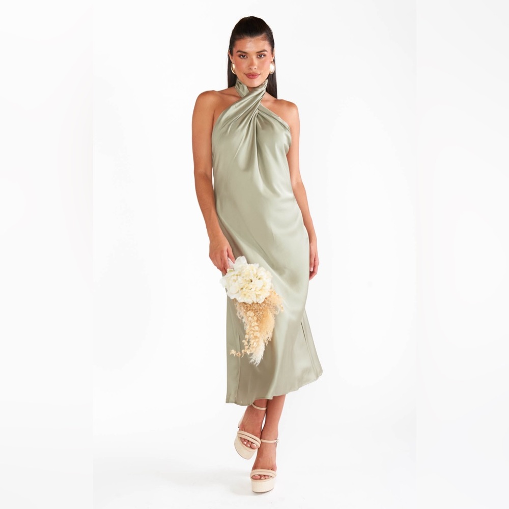 Show Me Your Mumu Jasmine Halter Midi Dress Moss Green Luxe Satin L